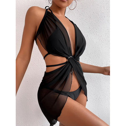 Black Mesh Ring Three-Piece Sexy Solid Color Beach Bikini