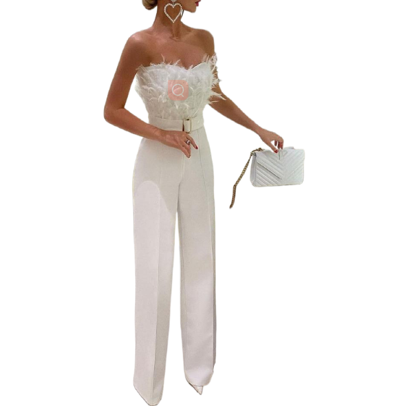 Soft Feather Strapless off shoulder trouser jumpsuit