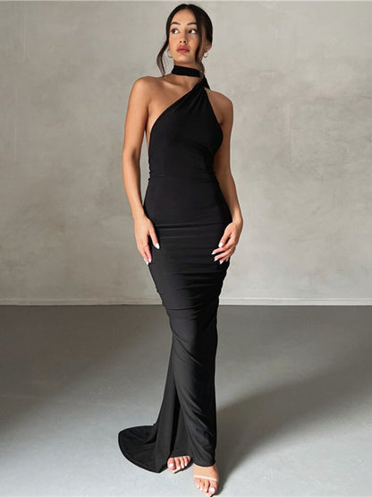 Draped Sexy Backless Halter Oblique Shoulder Pleated Evening Robe Elegant Maxi Dress Summer