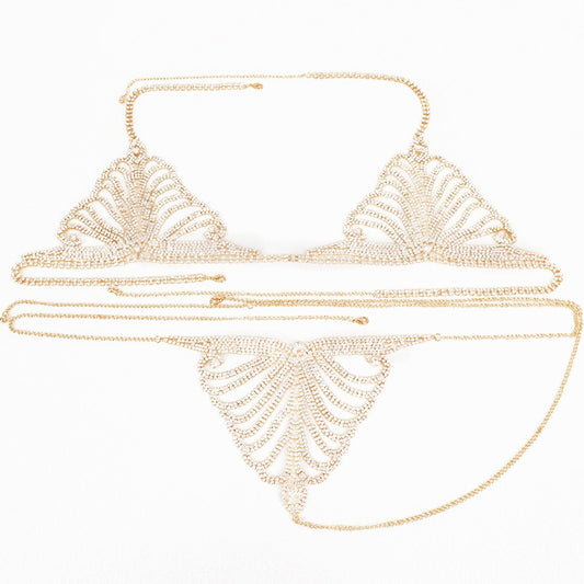 Sexy Gold Chain, Bikini Diamond-Chained bralette 2-piece, Thong, Body chain