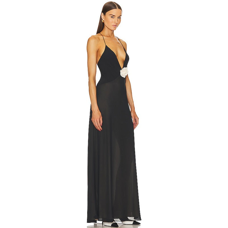 Elegant 3D White Flower Deep V Neck, Backless Maxi Dress