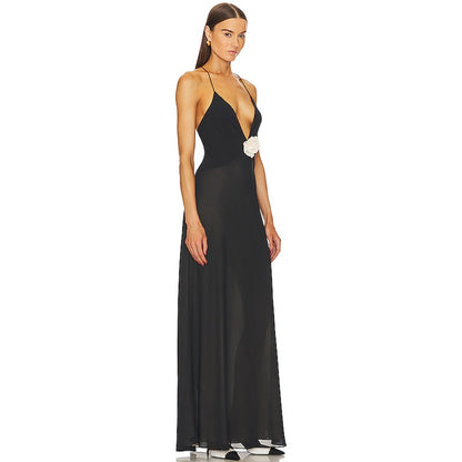 Elegant 3D White Flower Deep V Neck, Backless Maxi Dress