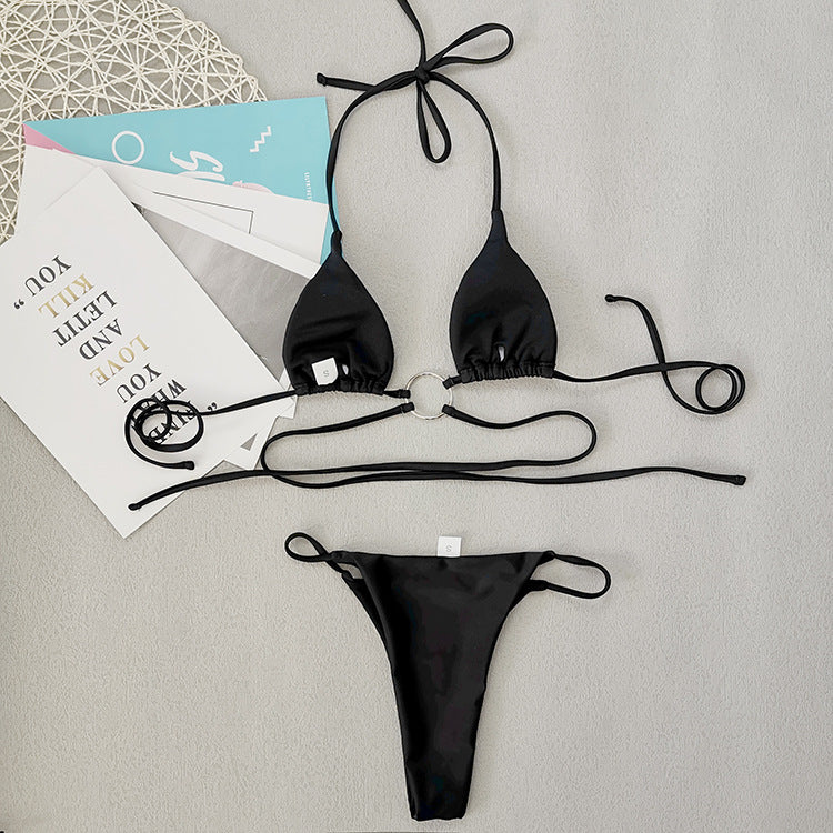 Black Mesh Ring Three-Piece Sexy Solid Color Beach Bikini
