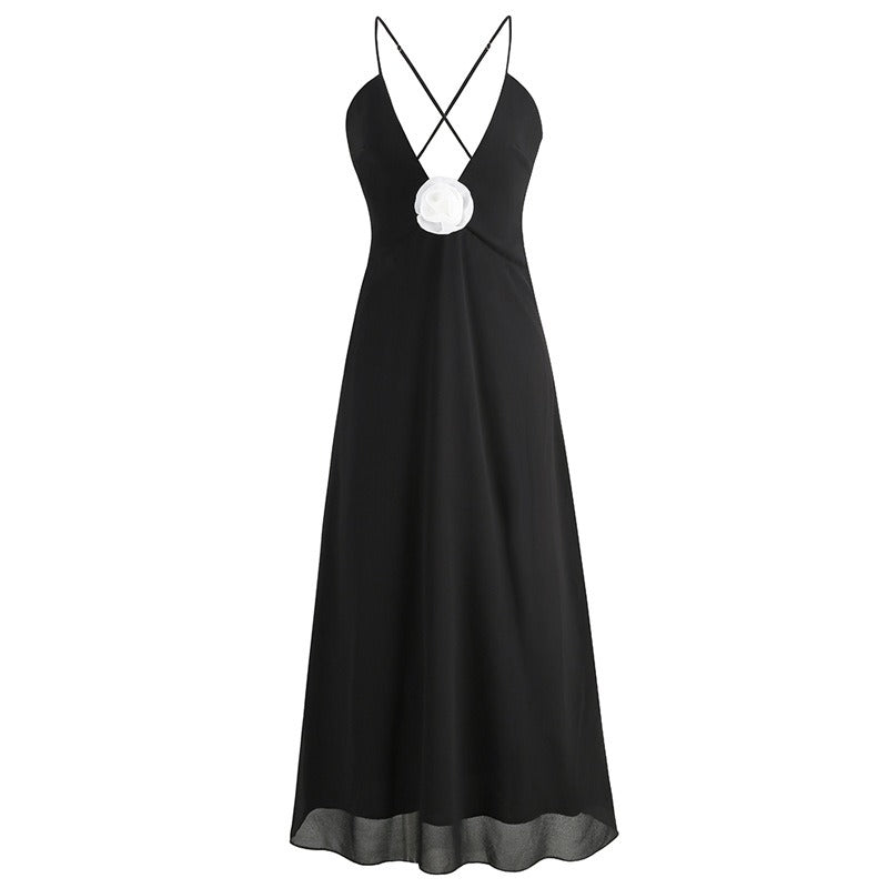 Elegant 3D White Flower Deep V Neck, Backless Maxi Dress