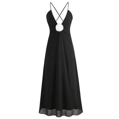 Elegant 3D White Flower Deep V Neck, Backless Maxi Dress