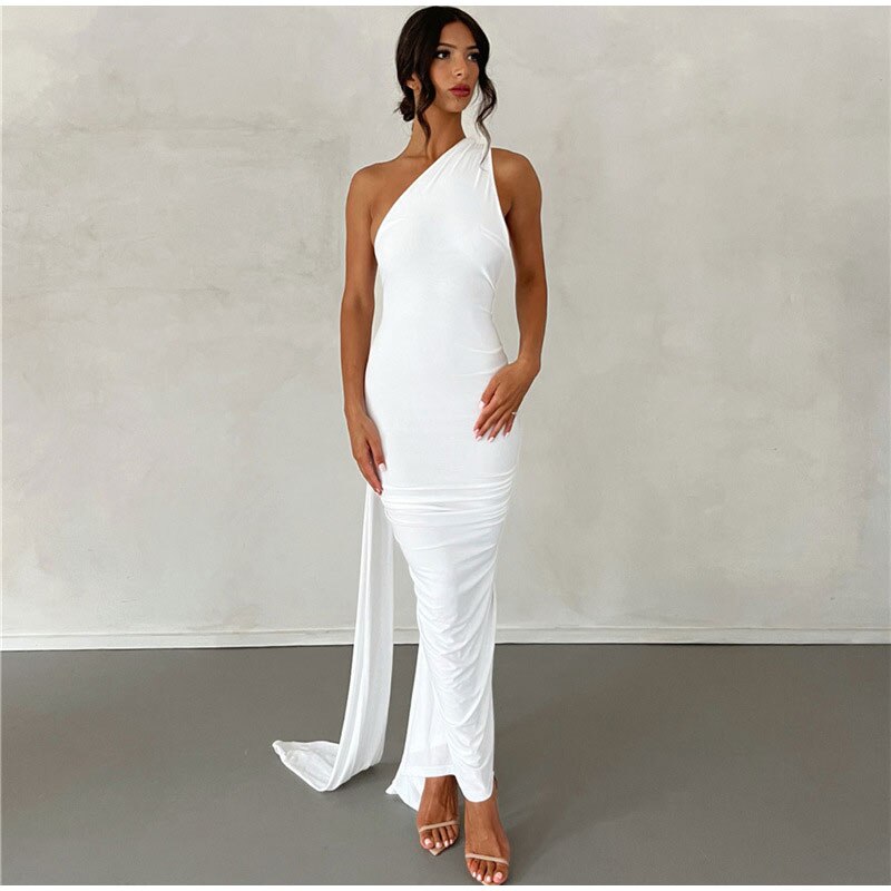 Draped Sexy Backless Halter Oblique Shoulder Pleated Evening Robe Elegant Maxi Dress Summer