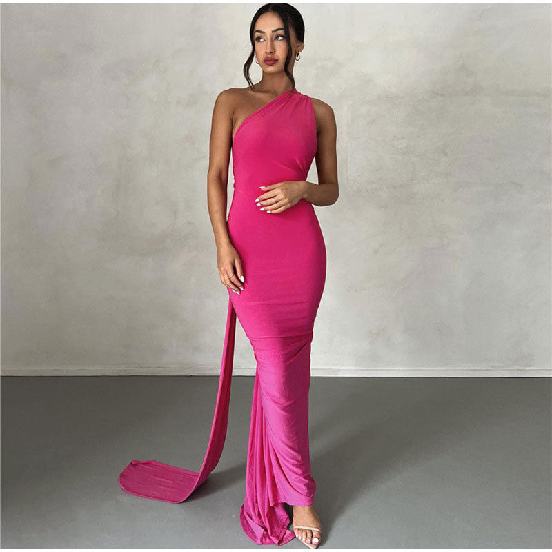 Draped Sexy Backless Halter Oblique Shoulder Pleated Evening Robe Elegant Maxi Dress Summer