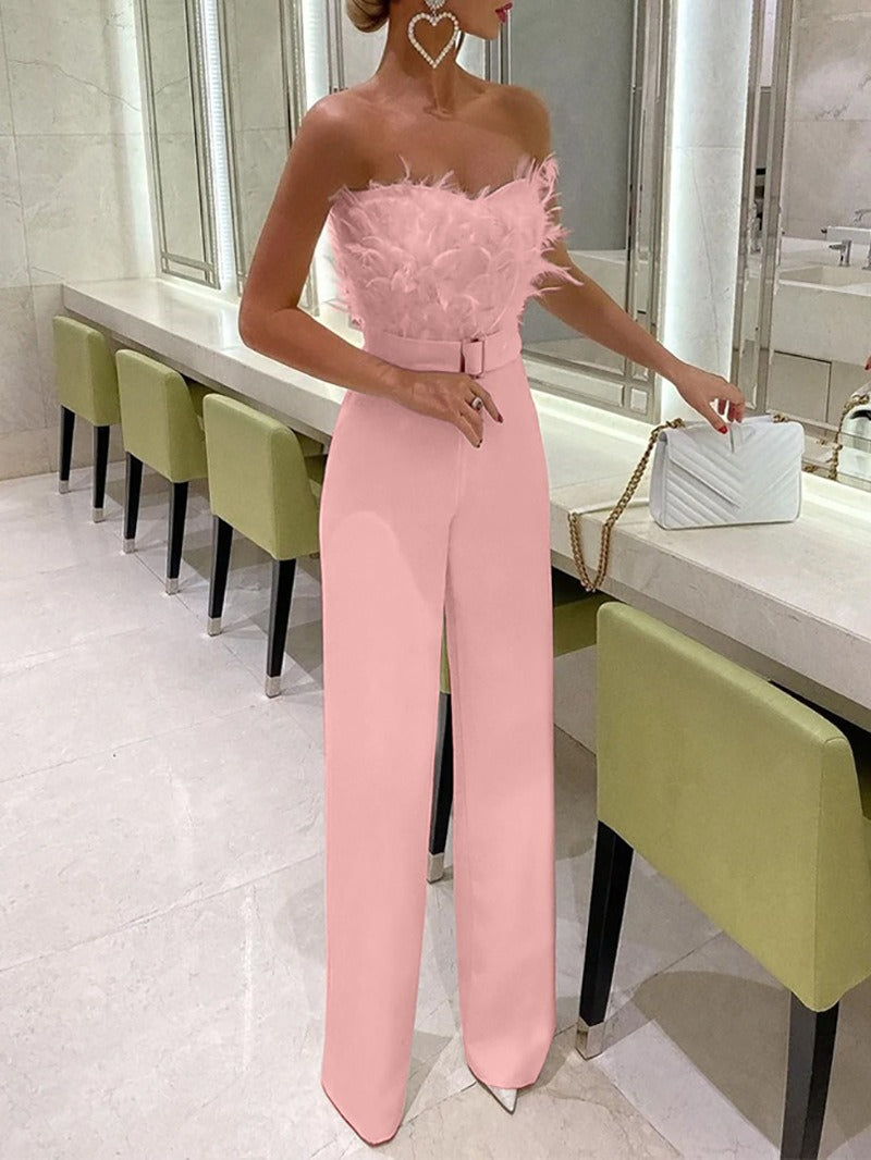 Soft Feather Strapless off shoulder trouser jumpsuit