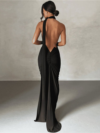 Draped Sexy Backless Halter Oblique Shoulder Pleated Evening Robe Elegant Maxi Dress Summer
