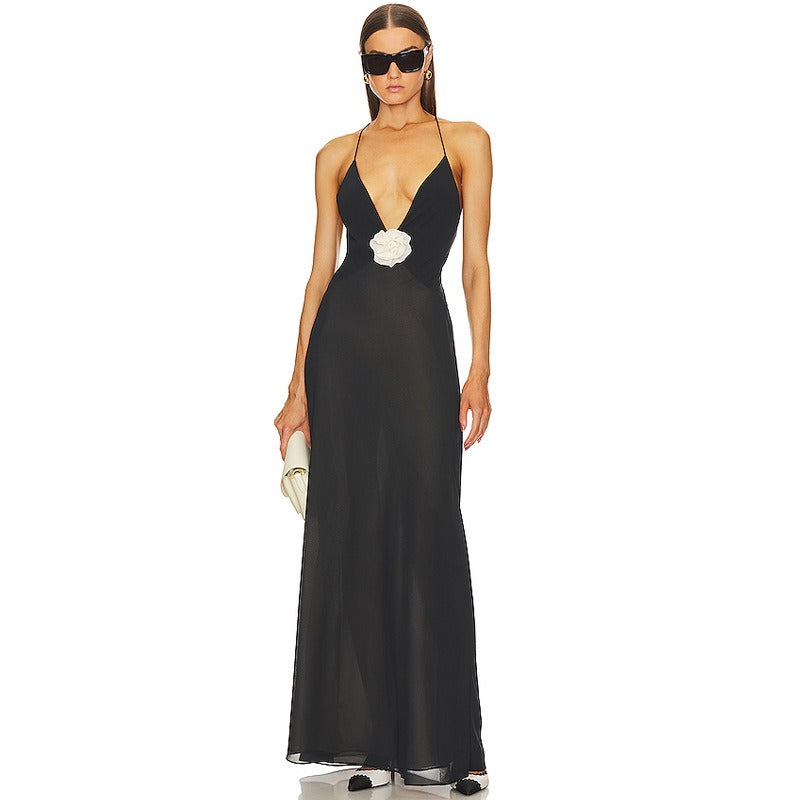 Elegant 3D White Flower Deep V Neck, Backless Maxi Dress