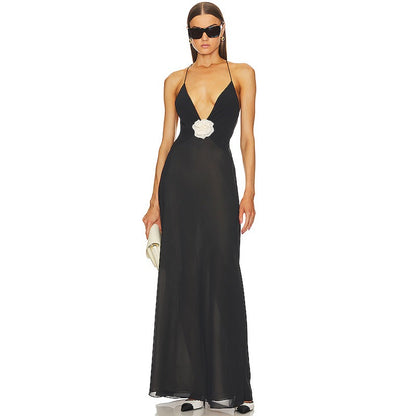 Elegant 3D White Flower Deep V Neck, Backless Maxi Dress