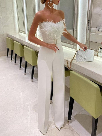 Soft Feather Strapless off shoulder trouser jumpsuit