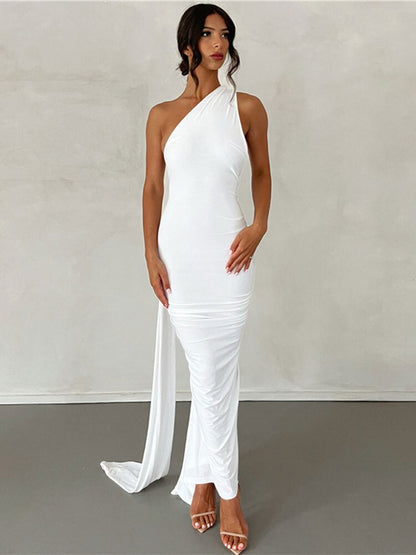 Draped Sexy Backless Halter Oblique Shoulder Pleated Evening Robe Elegant Maxi Dress Summer