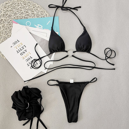 Black Mesh Ring Three-Piece Sexy Solid Color Beach Bikini