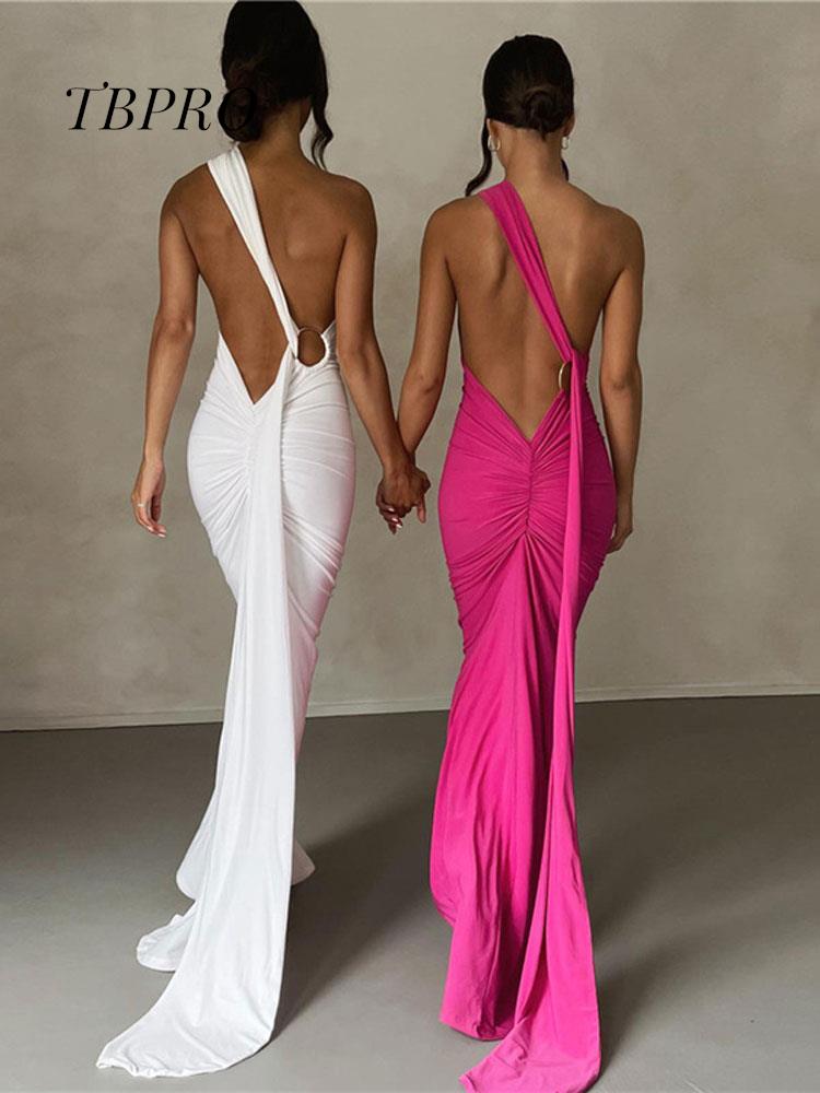 Draped Sexy Backless Halter Oblique Shoulder Pleated Evening Robe Elegant Maxi Dress Summer