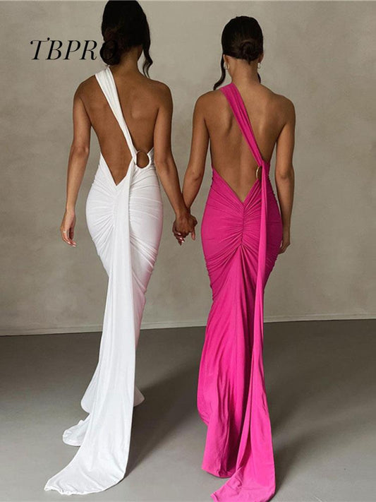 Draped Sexy Backless Halter Oblique Shoulder Pleated Evening Robe Elegant Maxi Dress Summer