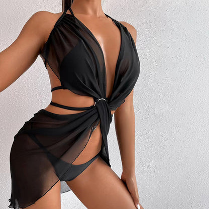 Black Mesh Ring Three-Piece Sexy Solid Color Beach Bikini