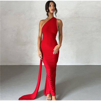 Draped Sexy Backless Halter Oblique Shoulder Pleated Evening Robe Elegant Maxi Dress Summer