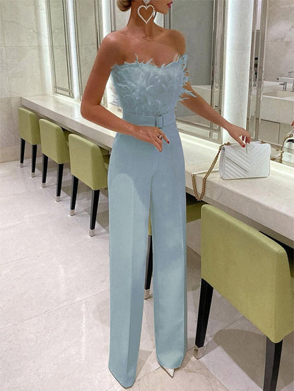 Soft Feather Strapless off shoulder trouser jumpsuit