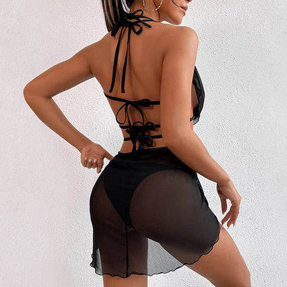 Black Mesh Ring Three-Piece Sexy Solid Color Beach Bikini