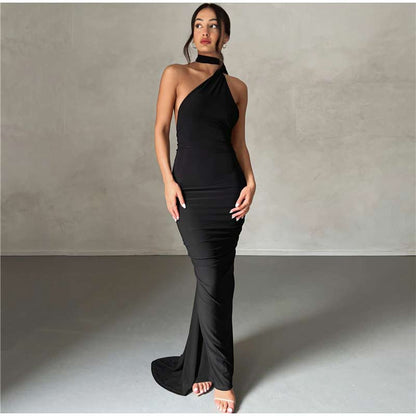 Draped Sexy Backless Halter Oblique Shoulder Pleated Evening Robe Elegant Maxi Dress Summer