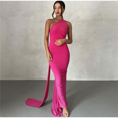 Draped Sexy Backless Halter Oblique Shoulder Pleated Evening Robe Elegant Maxi Dress Summer