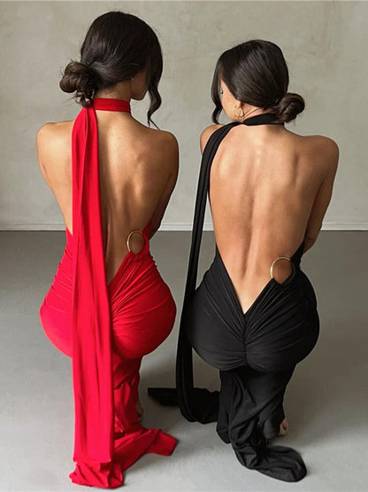 Draped Sexy Backless Halter Oblique Shoulder Pleated Evening Robe Elegant Maxi Dress Summer