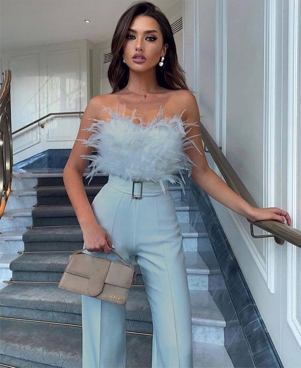 Soft Feather Strapless off shoulder trouser jumpsuit