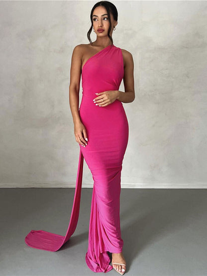 Draped Sexy Backless Halter Oblique Shoulder Pleated Evening Robe Elegant Maxi Dress Summer